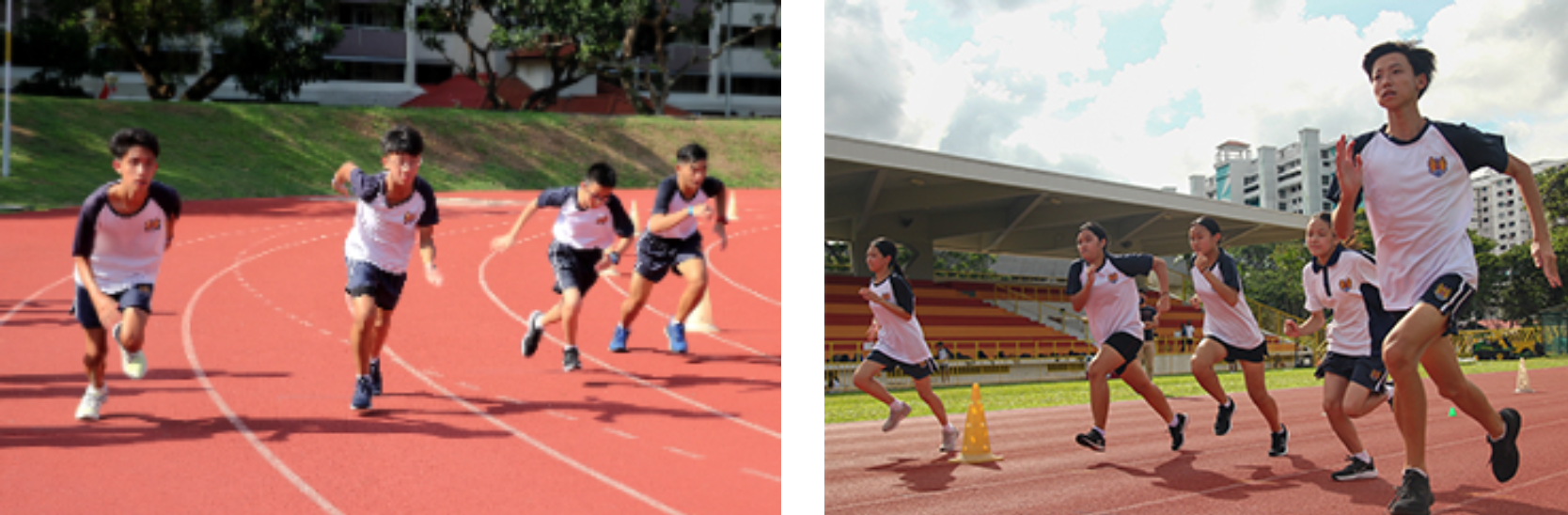 Students in matching uniforms sprint on a red running track with cones, near a stadium grandstand.